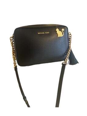 Michael Kors Ginny Perforated Leather Camera Bag with Cat Pin and Tassel